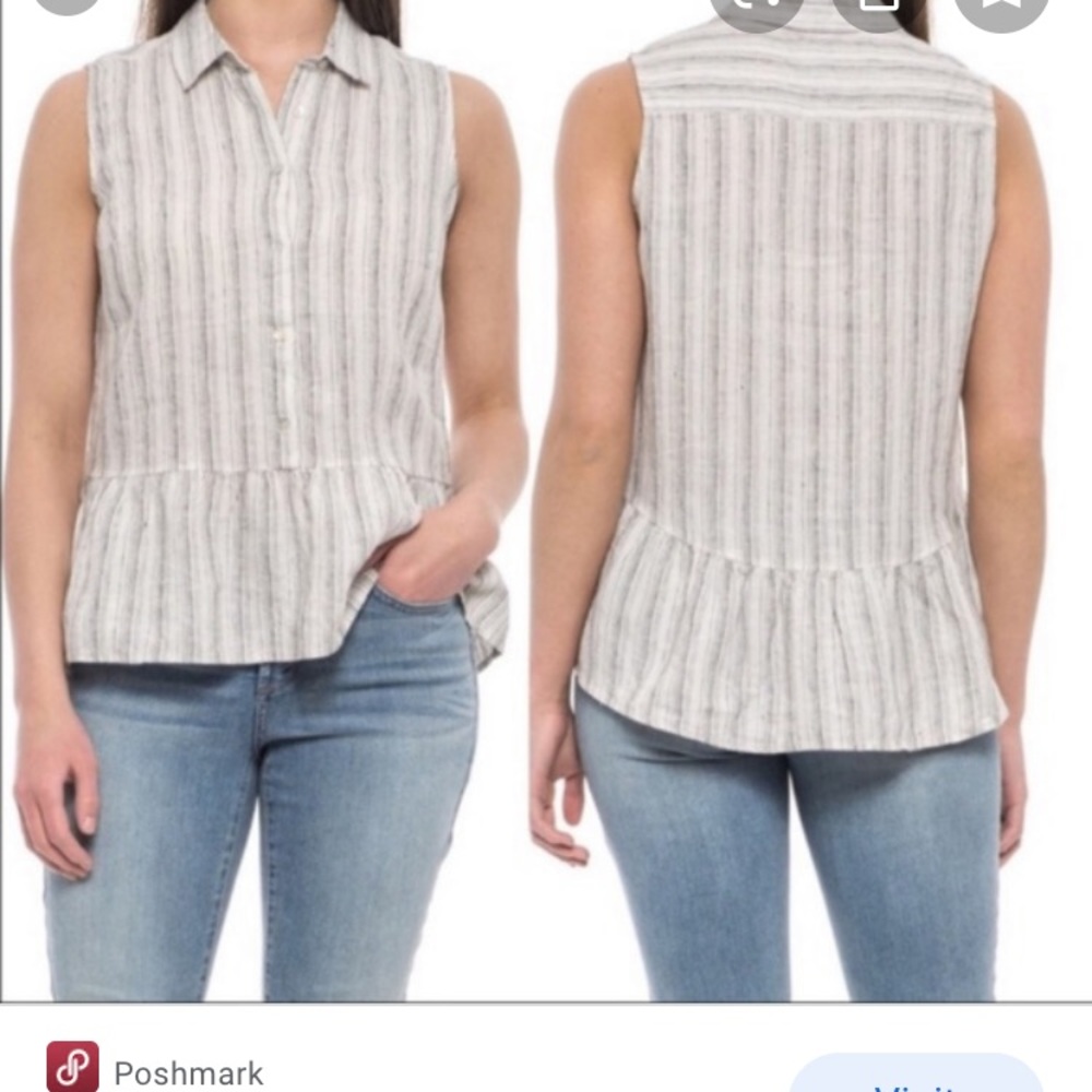Tahari Striped Linen Peplum Sleeveless Top Size M